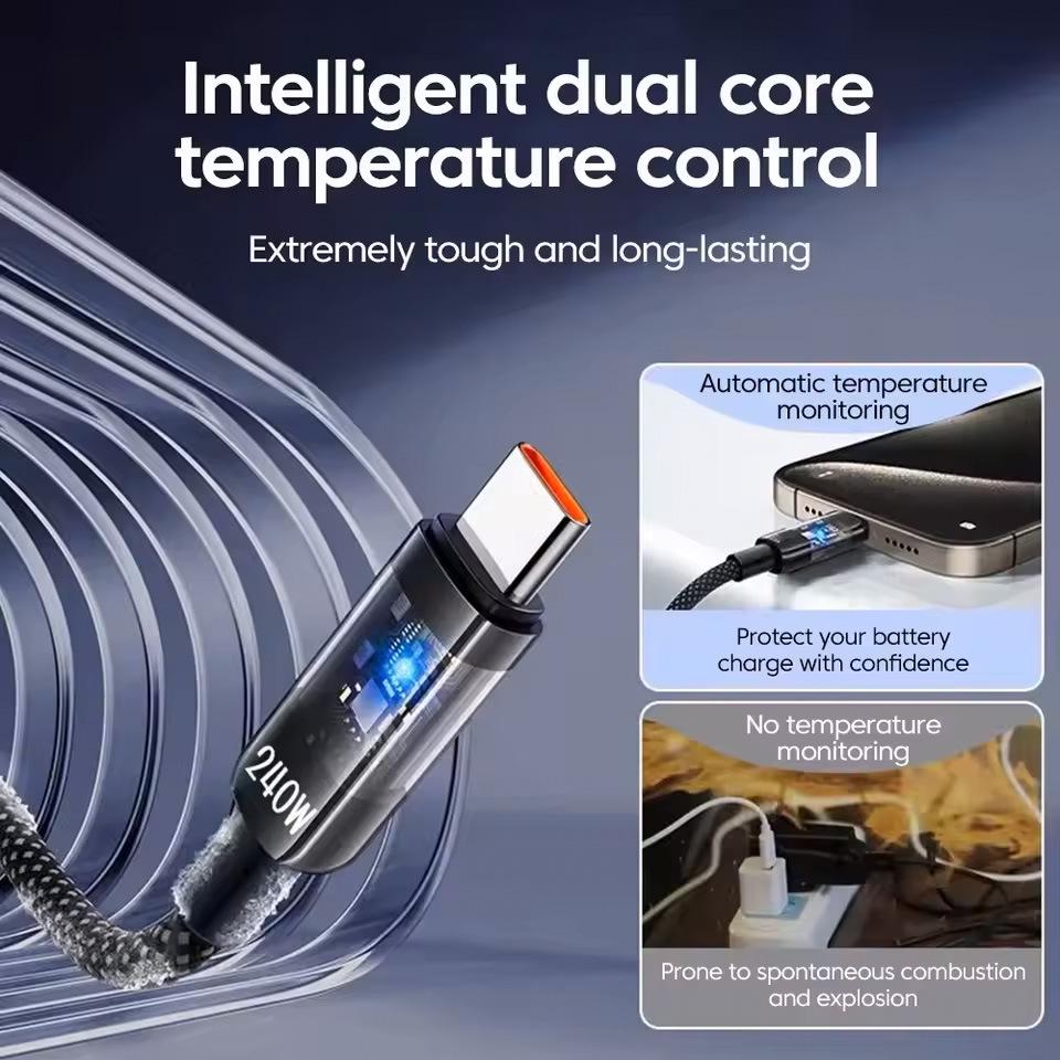 Transparent 240W Type-C Fast Charging Cable for Huawei Honor - 6A Compatibility