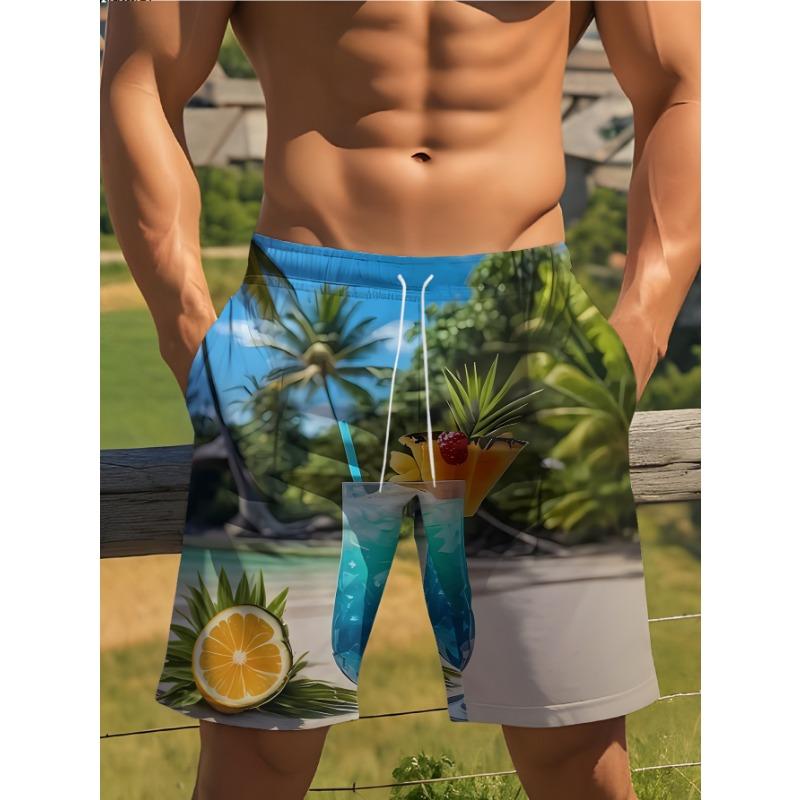 Men's Hawaiian Tropical Print Beach Shorts Palm Tree Pineapple Starfish Drawstring Waist Quick Dry Swim Trunks