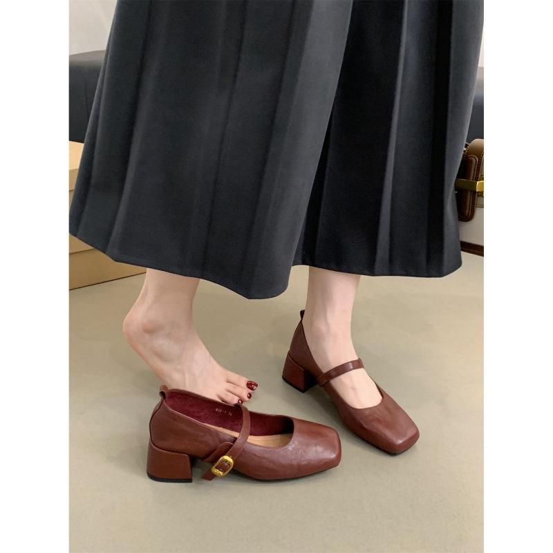 French Retro Square Head Light Mouth Single Shoes Women's Middle Heel Spring and Autumn Evening Temperament Fairy Thick Heel Mary Jane Small Leather S