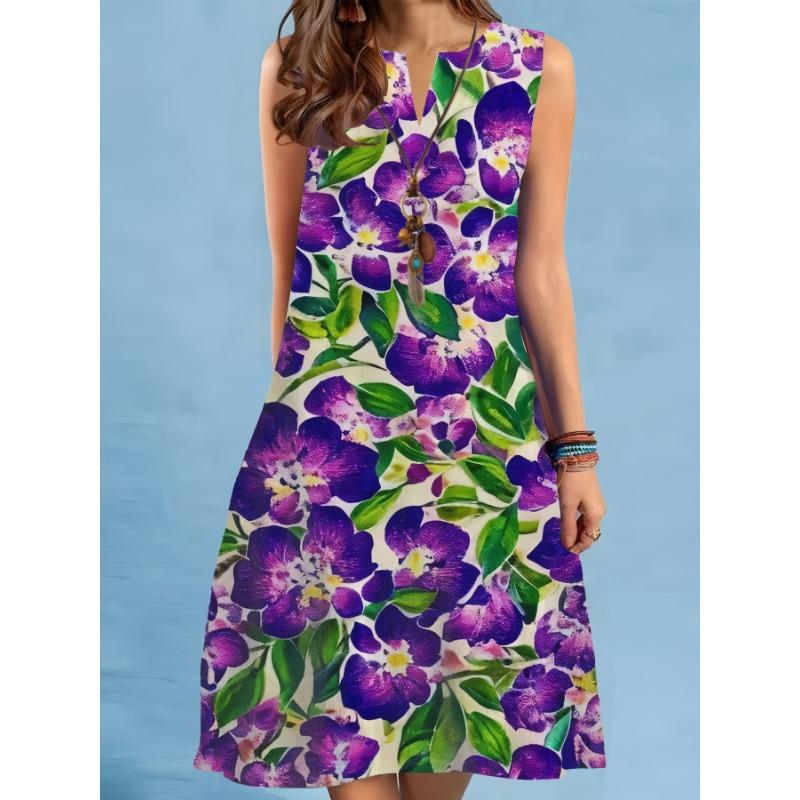 New Summer Beach Floral Print Dress For Women Casual Sexy Sleeveless V-neck Loose Mini Dress Elegant Short Dress Vestido