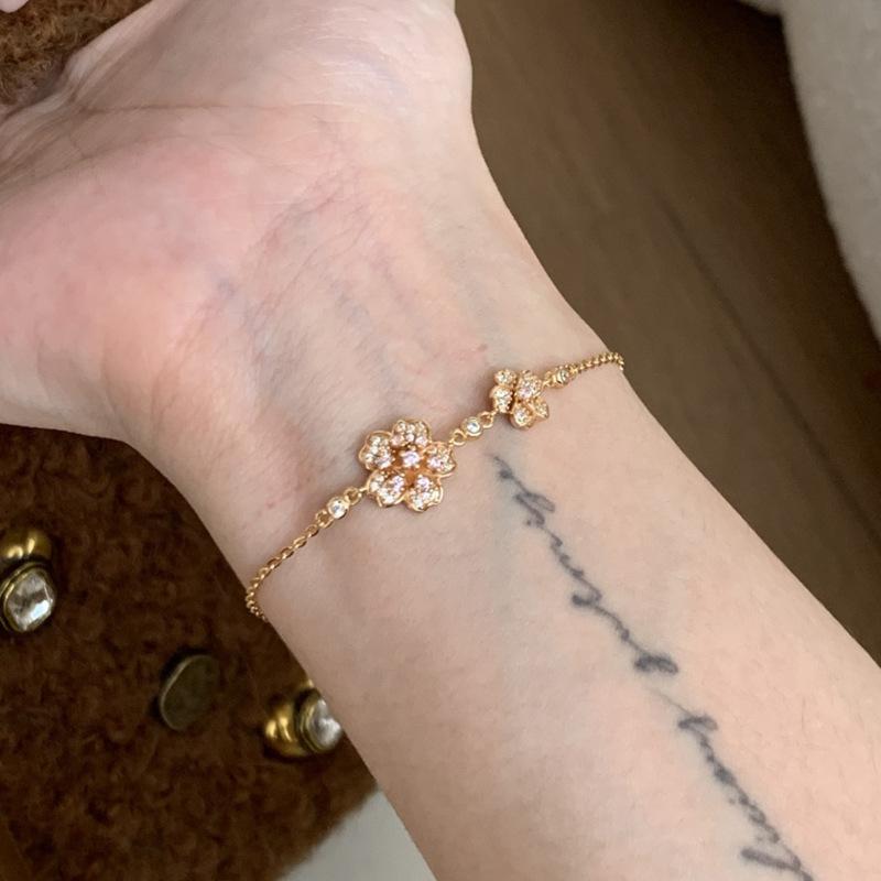New In Double Flower Bracelet for Women Romantic Full Diamond Cherry Blossom Exquisite bangles Wedding Engagement Jewelry Gift
