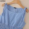 VONDA Women Sleeveless Elastic Waist Plaid Print Ruffled Casual Mini Tank Dress