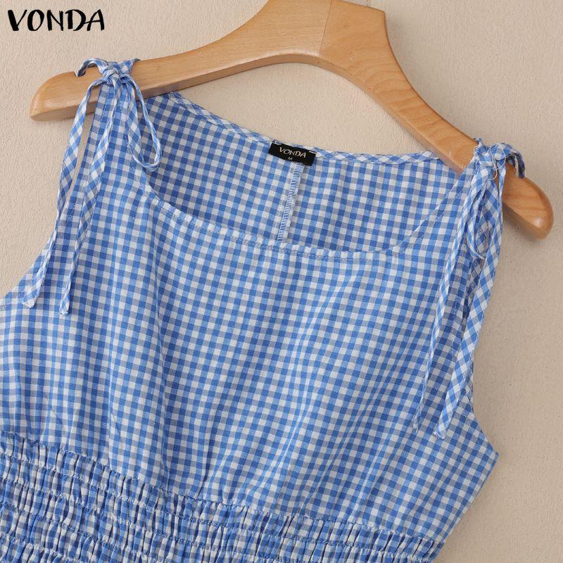 VONDA Women Sleeveless Elastic Waist Plaid Print Ruffled Casual Mini Tank Dress