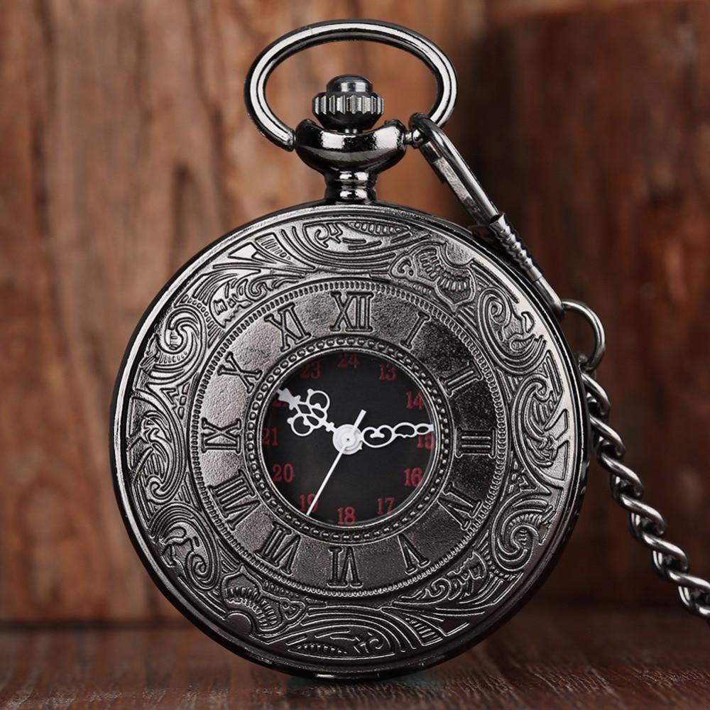 Vintage Roman Numerals Pocket Watch with Chain Hollow Case Steampunk Quartz Fob Watch