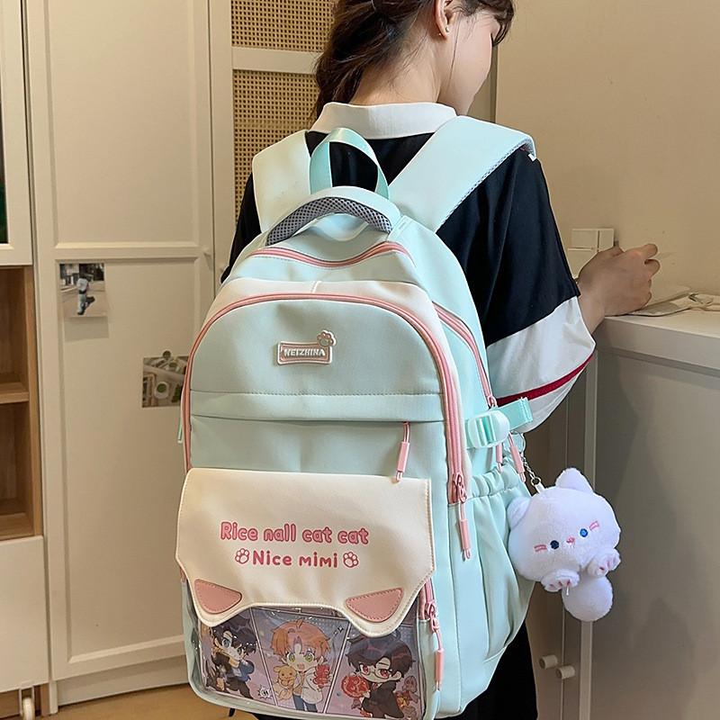 Cute Letter Print Cat Ears Design Student Backpack With Transparent Compartment For Daily Use