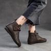Johnature Echtes Leder, ausgehöhlte Stiefel, Retro-runde Zehenpartie, atmungsaktive Sandalen, vielseitige flache Damenschuhe