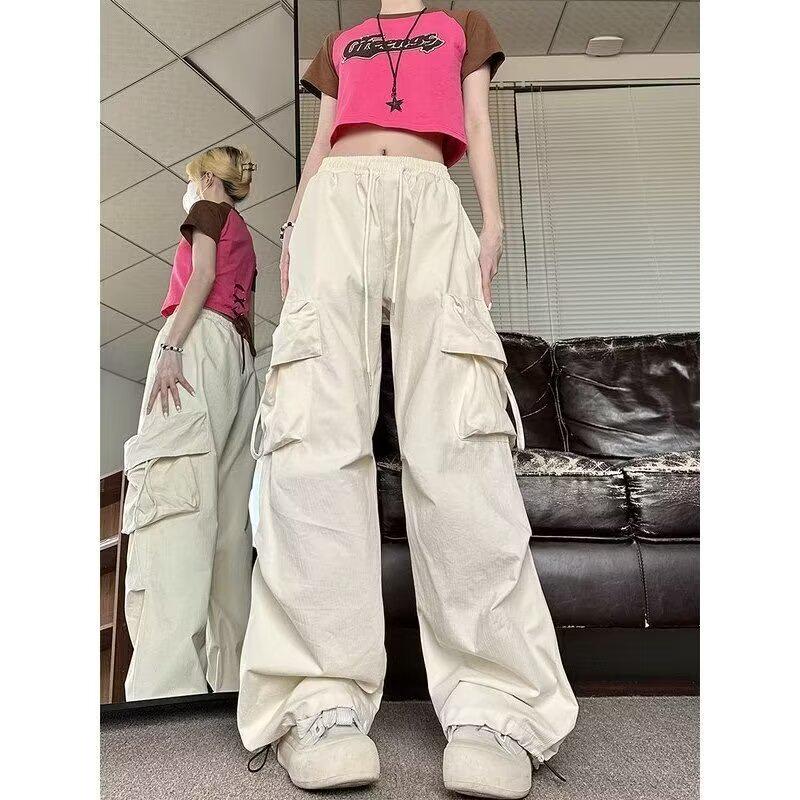 Apricot High-Waist Women's Cargo Jeans: Autumn Multi-Pocket Loose Wide-Leg Slimming Casual Pants