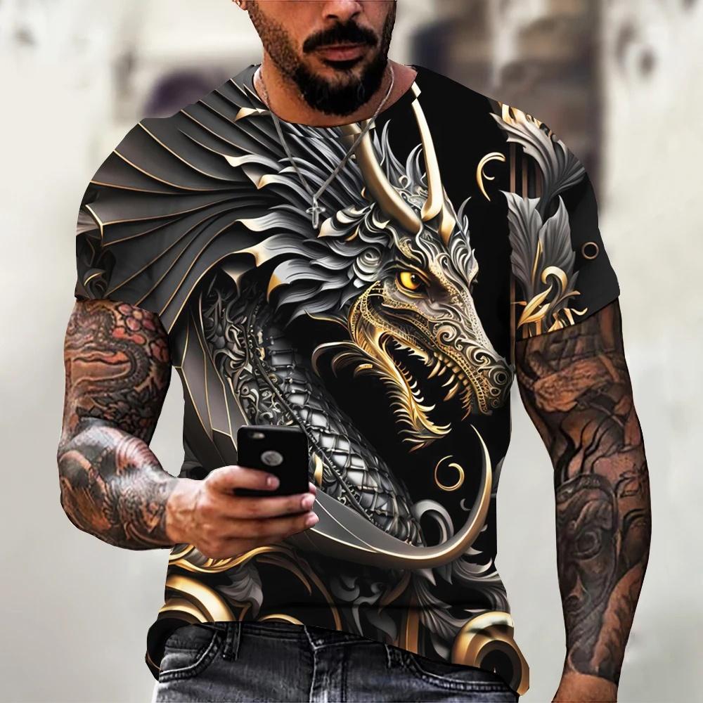 Summer sportswear men's metal dragon T-shirt 3D animal print fashion men's T-shirt casual short sleeved loose oversized top