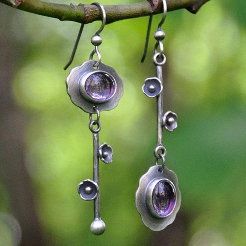 

Vintage Round Blue Stone Flower Earrings Classic Simplicity Metal Copper Color Dangle Earrings for Women Zircon фіолетовий