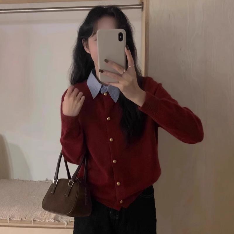 New Style Shirt Collar Stitching Sweater for Women Fashionable High-end Age-reducing Korean Style Design Top for Women In Spring and Autumn
