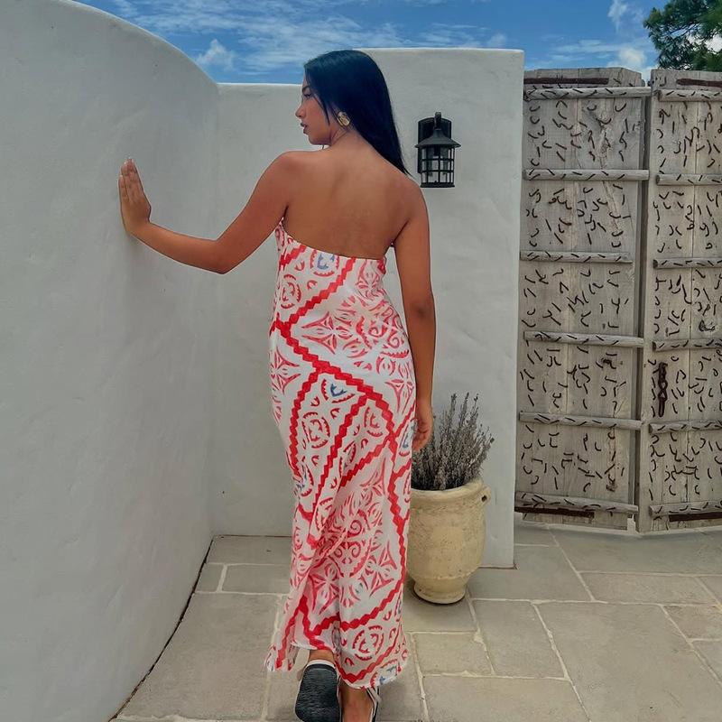 Women Clothing New Summer Printed Loose Casual Sexy Strapless Gown Beach Vacation Skirt