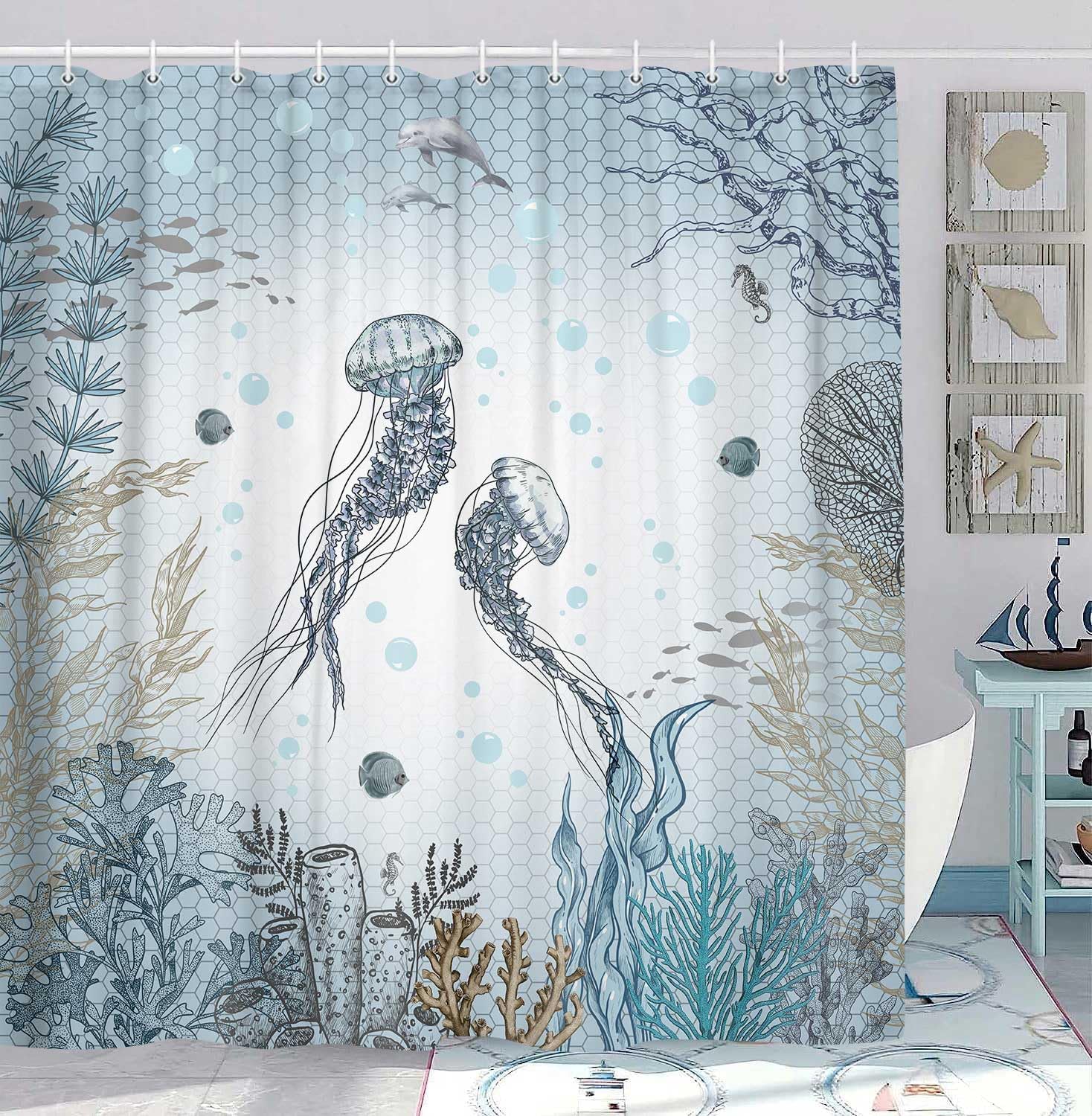 

Mermaid Shower Curtain Marine Octopus Coral Reef Fish Shell Jellyfish Theme Waterproof Fabric Bathroom Curtain With 12Pcs Hook, W60H190(CM)-1 Pcs