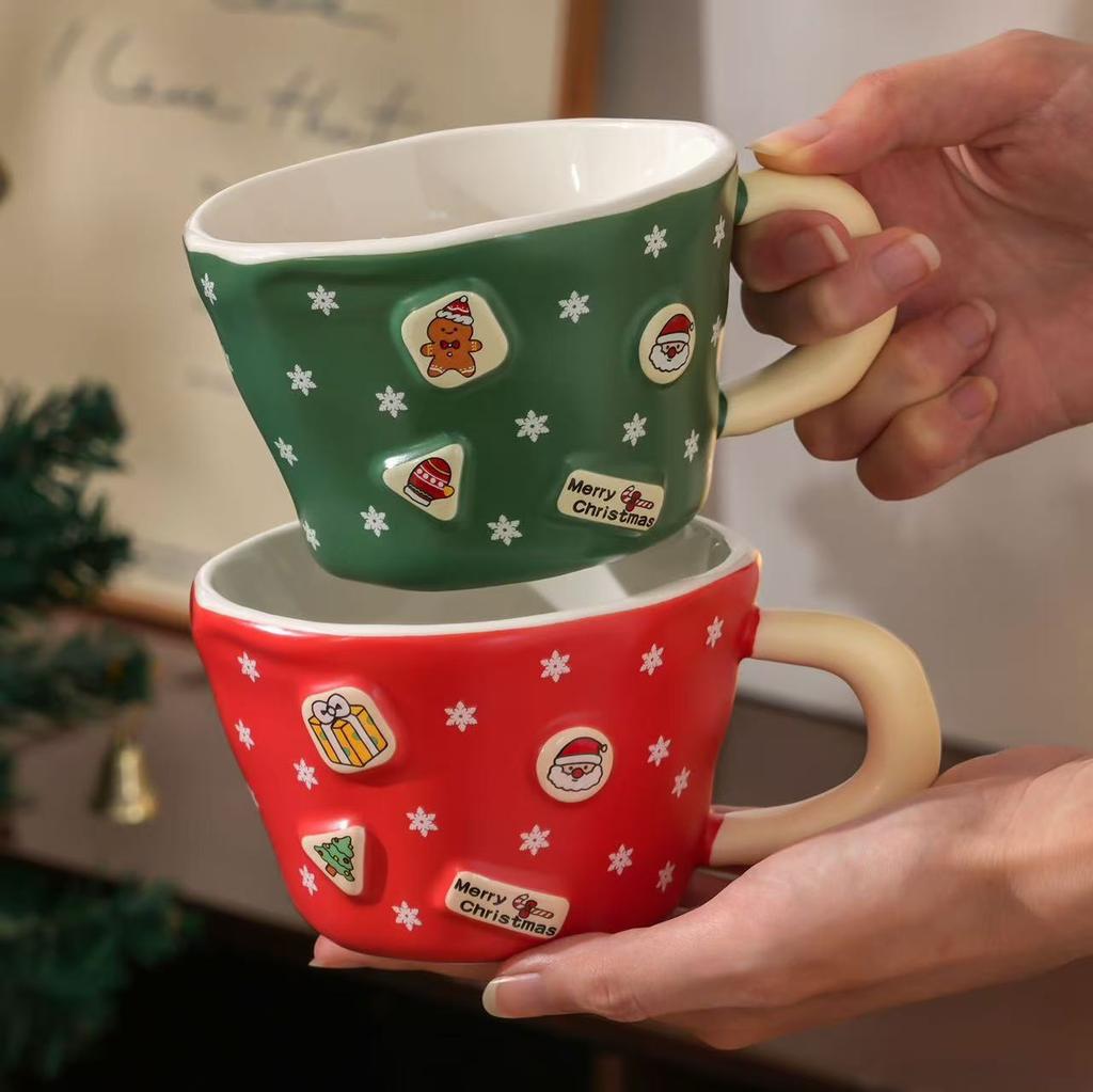 Embossed Santa Claus Mug With Lid Spoon High Value Christmas Cartoon Creative Christmas Gift Ceramic Cup