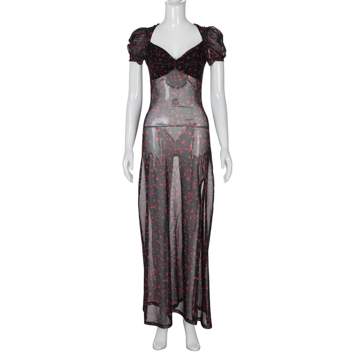 

Весенняя мода цветочные рукава-фонарики сексуальное разрез V-образный вырез сетчатый подол платье L чёрный