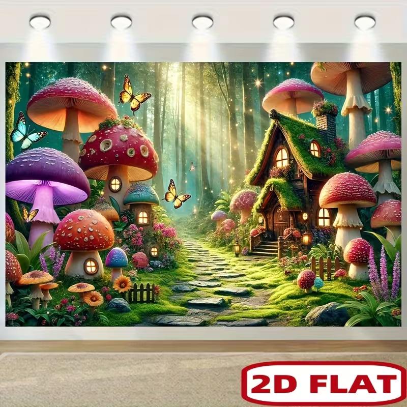 2D Bunter Verzauberter Pilzwald Foto Hintergrund für Kindergeburtstagsparty
