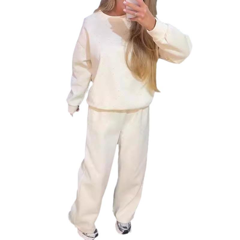Autumn/Winter 2024 Women's Round Neck Rhinestone Hoodie & Sweatpants Set