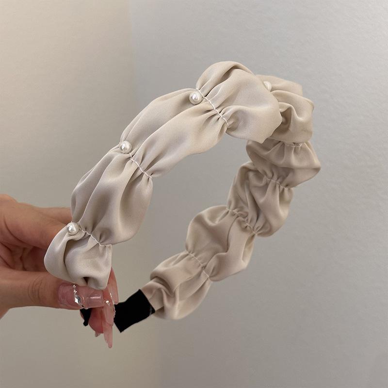 Satin pleated bud pearl headband Maillard high cranial headband summer small fresh wide edge fluffy
