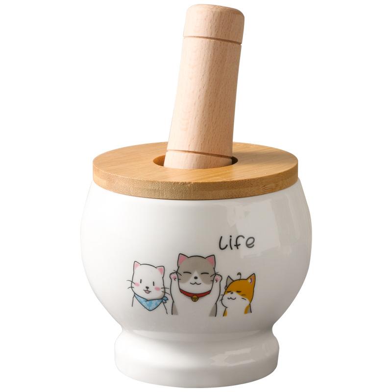 Cartoon Cat Ceramic Jar, Mashed Garlic Mortar Garlic Porcelain Jar Household Garlic Masher Pounding Medicine Jar Spice Grinder