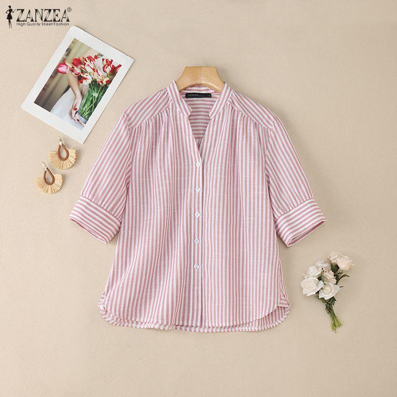 ZANZEA Women Casual V-Neck Half Sleeve Loose Stripe Blouse