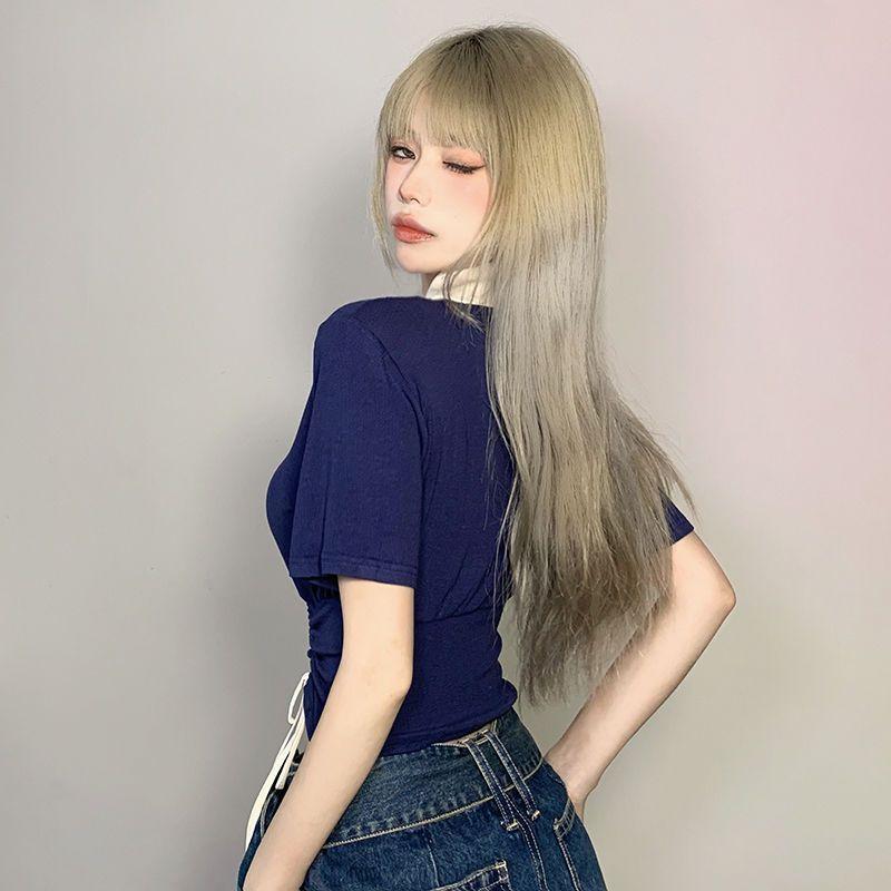 Summer Women Sexy Short Sleeve T-shirt Street Korean Clothing New Short Tees Drawstring Slim Contrast Letter Graphic Crop Tops