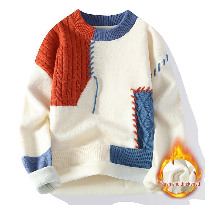 Men's Autumn/Winter Color Block Crew Neck Sweater - Trendy, Warm, Loose Knitwear, Casual Base Layer