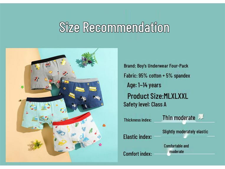 Four-Pack Boys' Pure Cotton Boxer Briefs: Small, Medium, Large Cartoon Underwear