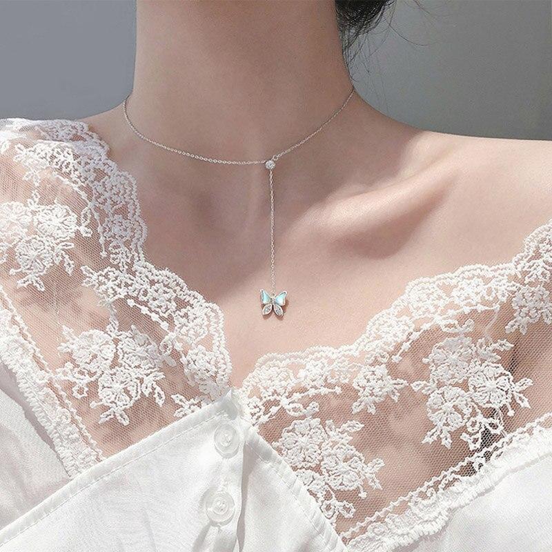 Sterling Tone Butterfly Necklaces Shiny Zircon Stone Clavicle Chain Pendant Necklace Women Jewelry Event Gathering Souvenir GiftTrendy