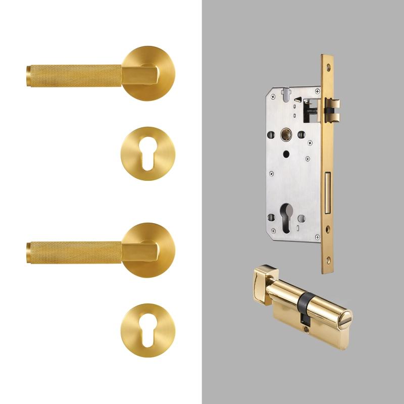 Dooroom Drehknauf Gerändeltes Messing Türschloss-Set Modernes Interieur Schlafzimmer Badezimmer Holztür Drückergarnitur Dummy Privacy Durchgangsschloss