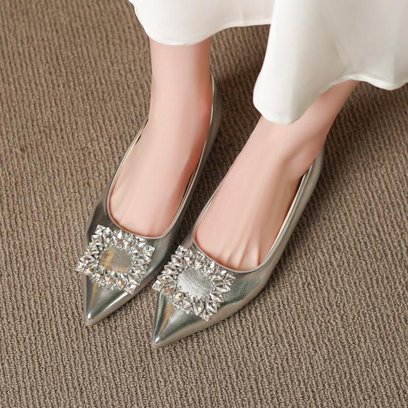 Fashion Women's French Style Versatile Low-Cut Flats  New Arrival Elegant Pointed Toe with Rhinestone Square Buckle, Office Dress Shoes