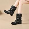 Medium tube pants tube boots women's new spring and summer western boots rivet belt buckle thick heel thin retro stacked short boots