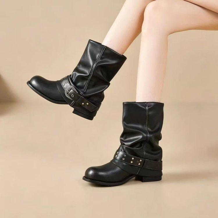 Medium tube pants tube boots women's new spring and summer western boots rivet belt buckle thick heel thin retro stacked short boots