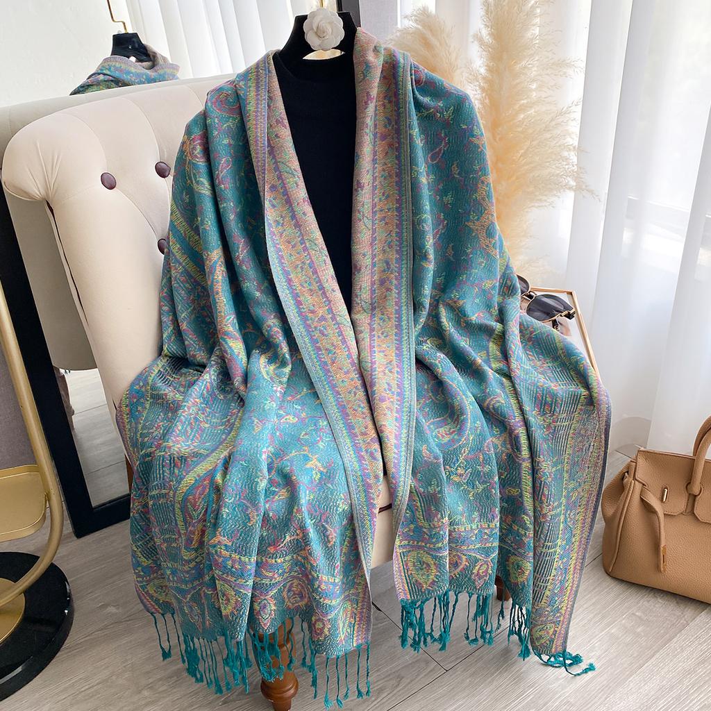 Fashion Women'S Winter Warm Cashmere Shawl - Vintage Floral Oil Painting Printed Tasseled Pashmina Thick Wrap