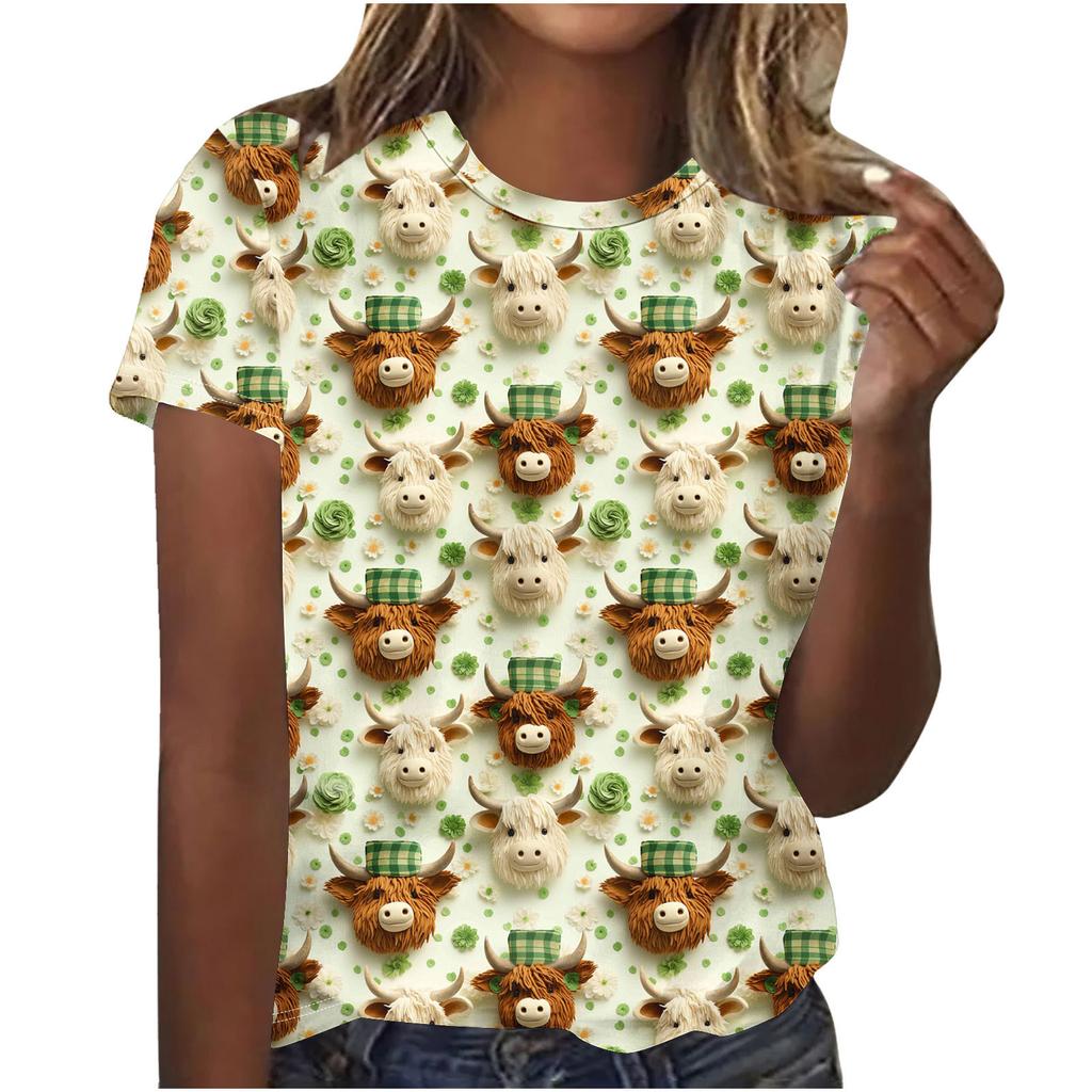 Cuello Redondo de Verano 3D St. Camisetas de Manga Corta Casuales de Moda para Mujer con Estampado Temático Verde del Día de San Patricio