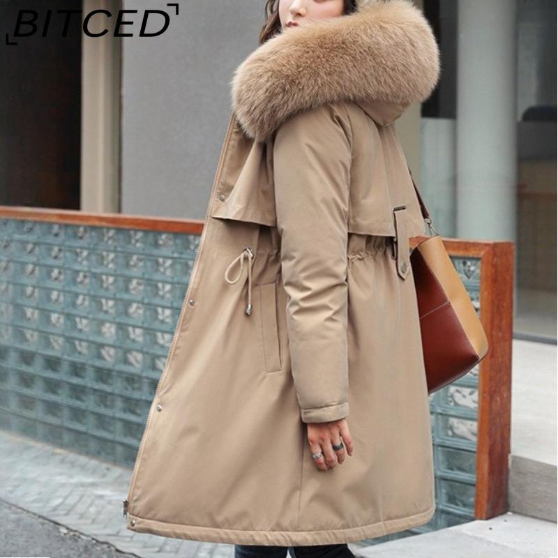 BITCED Winter Women's Mid-Length Cotton Coat with Large Fur Collar and Fleece Lining