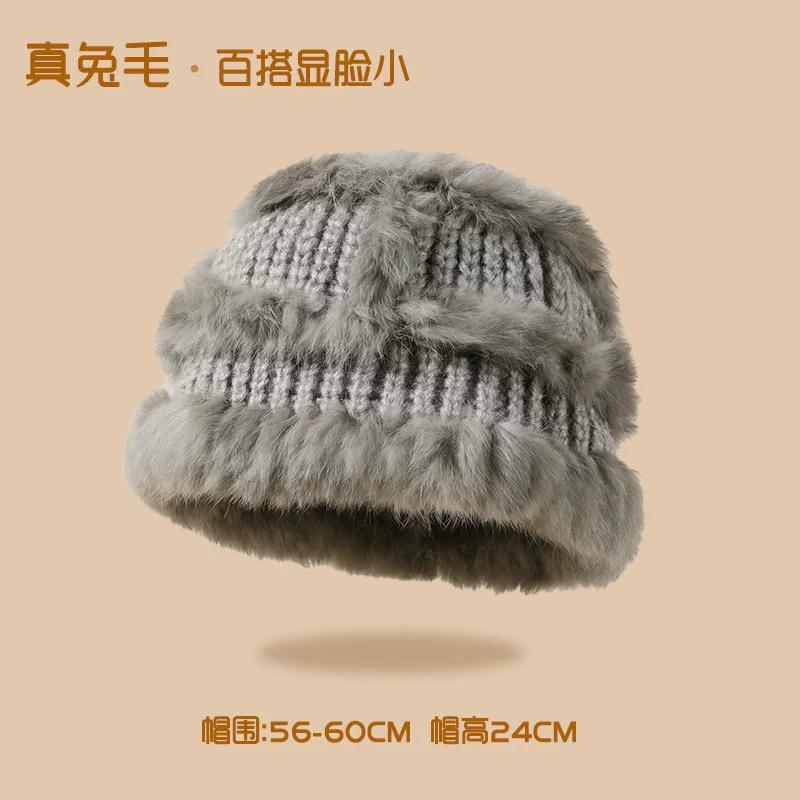 Chapeau seau tricoté en fourrure de lapin pour femme, nouveau chapeau de bassin thermique épais en peluche montrant un petit chapeau de fourrure pour le visage, hiver 2023