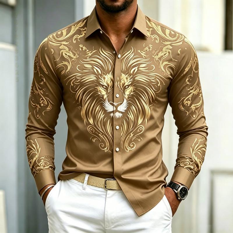 High Quality Men's Shirt Long Sleeved Shirt Solid Color Lion Head Print Design Baroque Business Casual Top Fabric Comfortable
