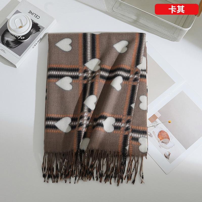 Double Side Heart-Shaped Checkered Scarf Female Winter Korean Fashion Versatile Shawl Thickened Outer Scarf Warm Neck Protection