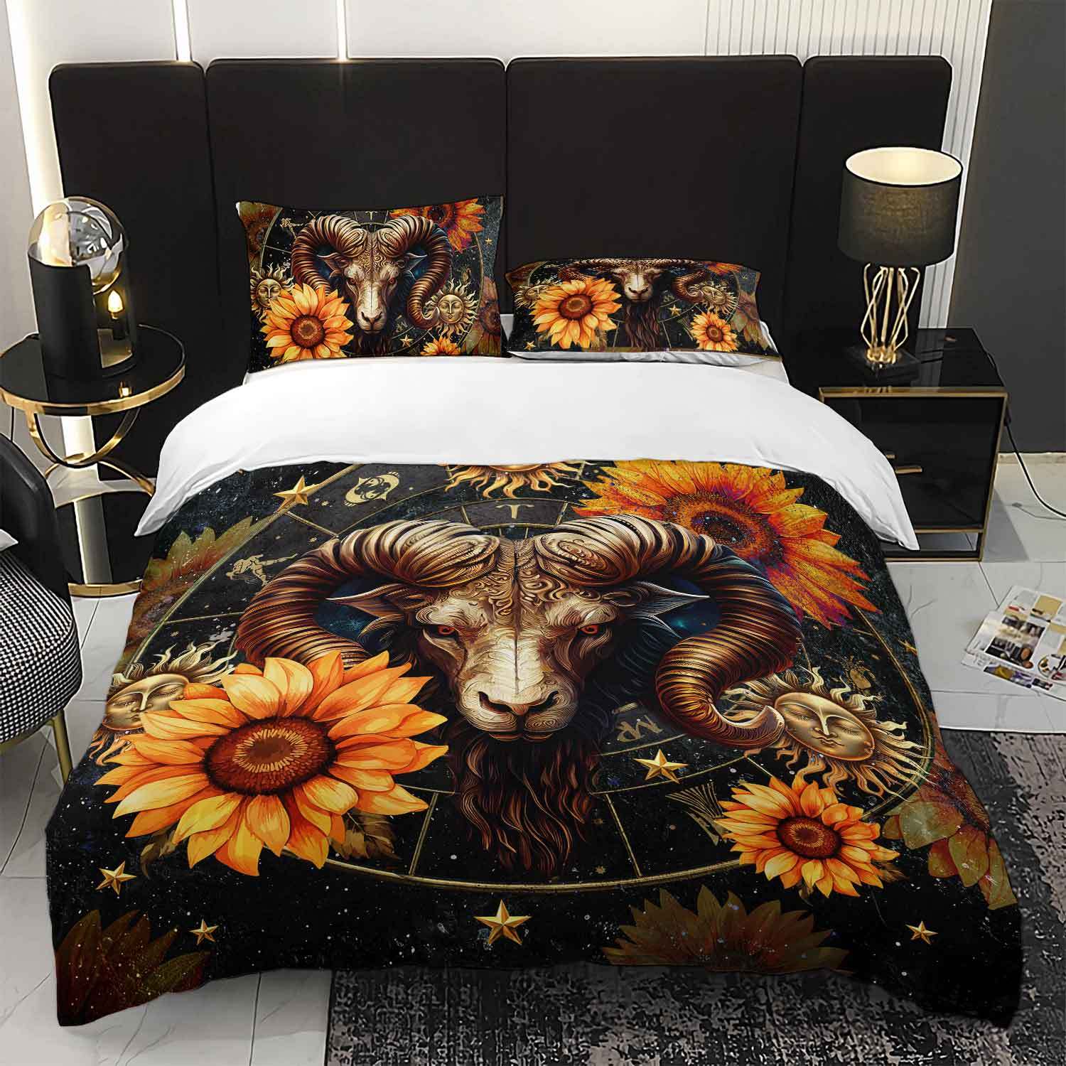 

3pcs Aries Zodiac Sunflower Bedding Duvet Cover Set Aries Zodiac Bedding Quilt Set Sunflower Themed Bohemian Bedroom Decor (135x200cm)