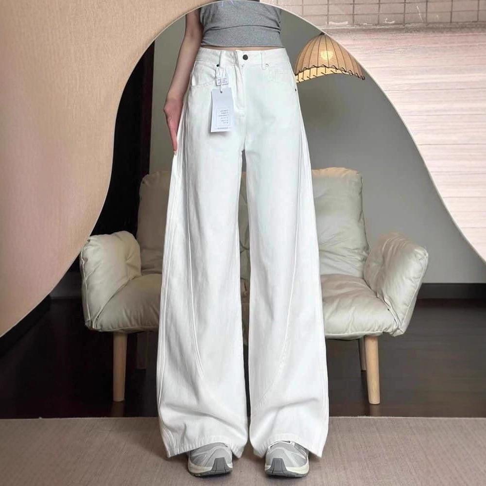 Women's High Rise Loose Fit Wide Leg Jeans Casual White Denim Pants With Drape