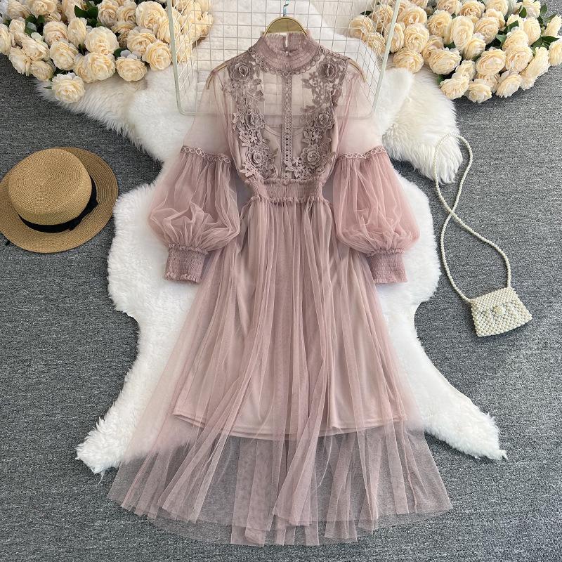 

Industrial Floral Mesh Lantern Sleeve Two-Piece Dress with Stand-Up Collar and High Waist Slimming Camisole One Size синій