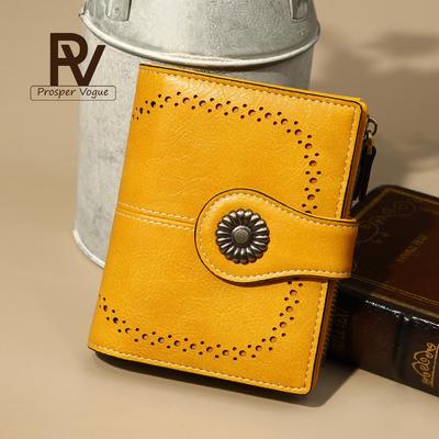 Portafoglio da Donna RFID Anti-Magnetico - Corto in Pelle Retro Olio Cera Europea & Americana, Portamonete Multi-Scomparti per Carte.