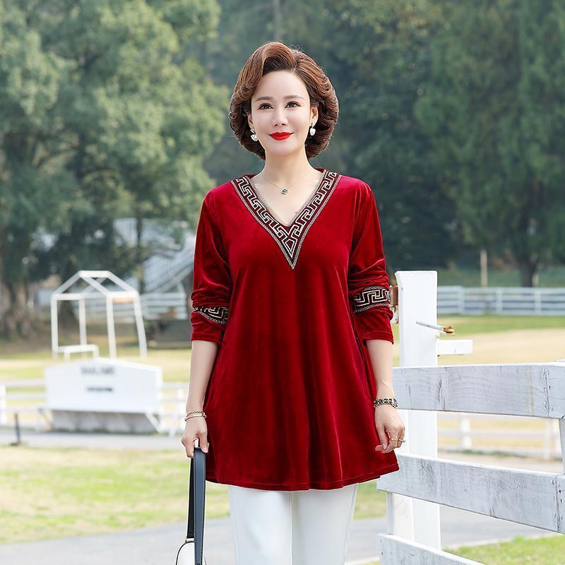 Women's Plus Size Blouse Loose V-Neck Velvet Blouse Spring Autumn Long Sleeve Velvet Pullover Top