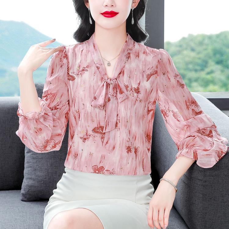 Stylish High End Loose Blouse Long Sleeve Chiffon Top Trendy and Elegant for Autumn Spring Versatile Tummy Cover