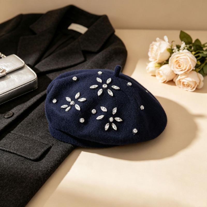 Vintage Wool Beret Flower Rhinestone Decor Women Autumn Winter Hat Multi Color