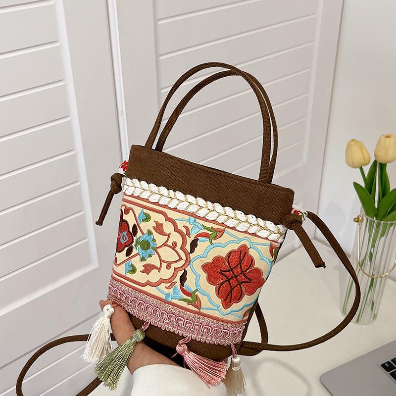 New Ethnic Style Women's Bag Simple and Fashionable Canvas Shoulder Bag Trendy Bucket Messenger Bag