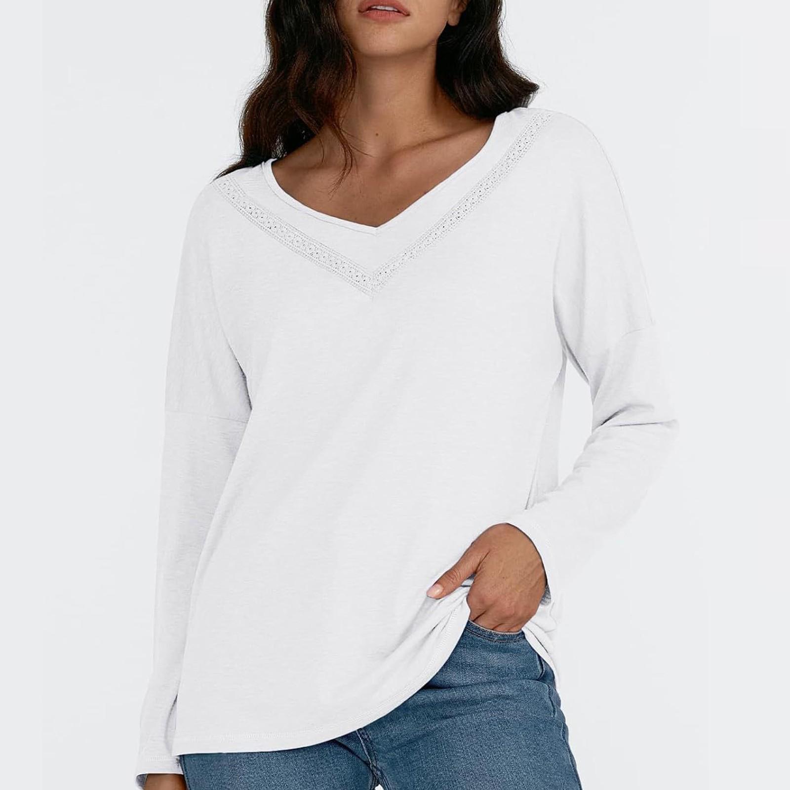 

Женская футболка с длинным рукавом, V-образным вырезом, свободного кроя, повседневная, модный топ XL белый