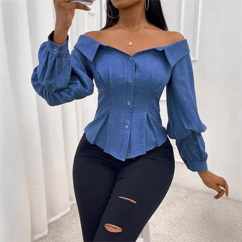 European and American Women clothes Off-shoulder blouse Top Waist Hugging Slimming Sexy Puff sleeve Long sleeve