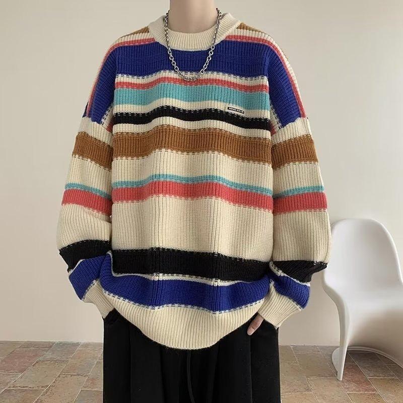 New Sweater Men s Winter Round Neck Sweater Jacket Boys Couple Pullover Lazy Striped Splicing Base M