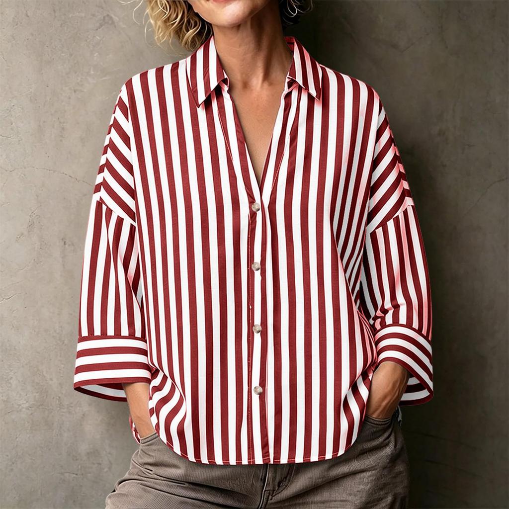Women's Striped Lapel Button Down Long Sleeve Blouse Loose Fit for Work