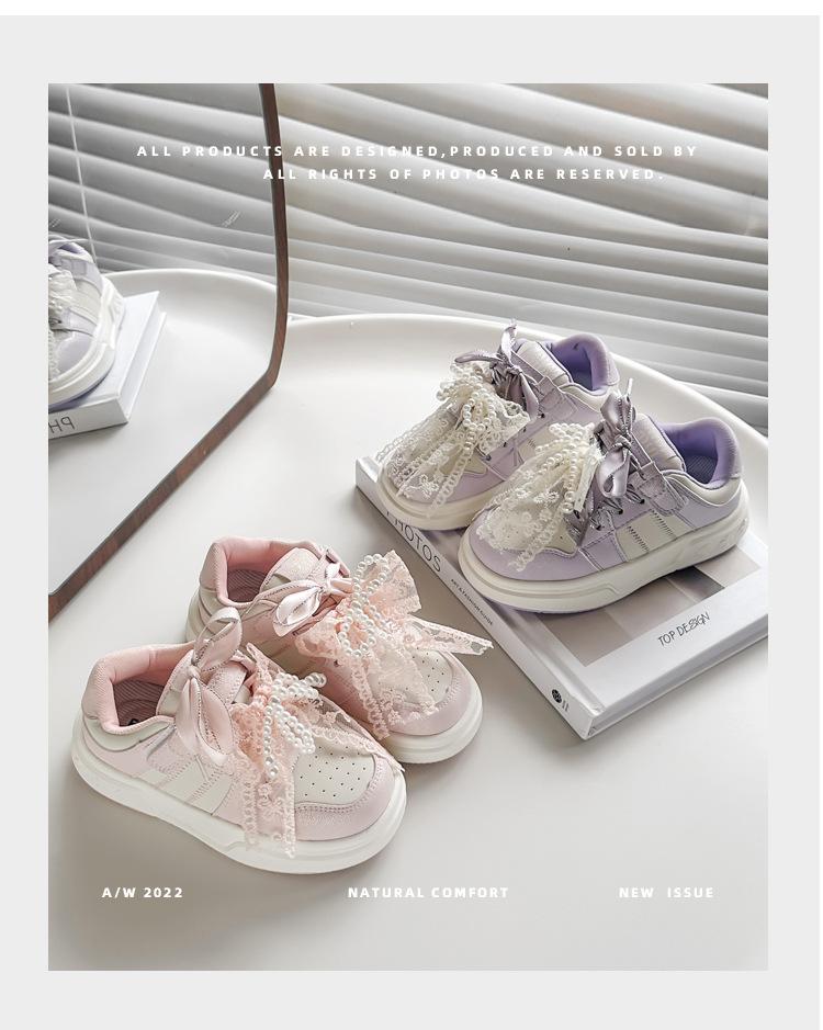 Girls low-top board shoes 2025 spring and autumn children's breathable sports shoes pearl fashion bow little girl white shoes
